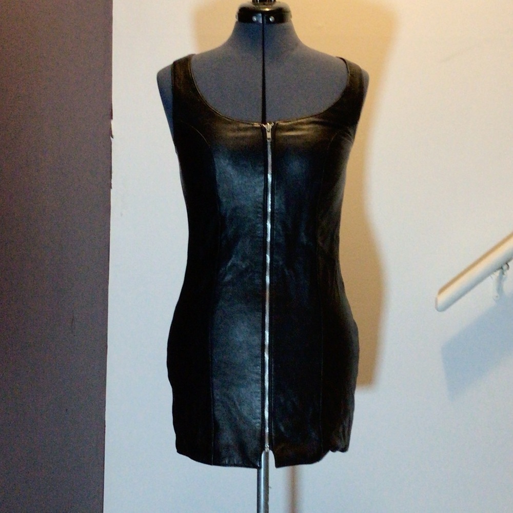 Vintage 90s Black faux leather zip front mini dress. Size x-small.